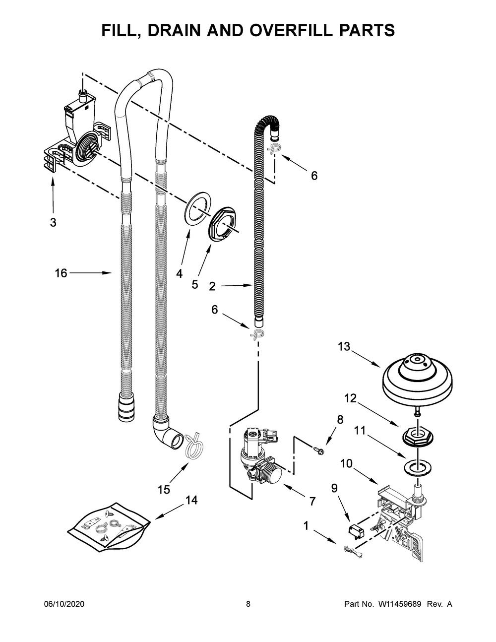Fill, Drain And Overfill Parts Diagram and Parts List for KDTE304GPS1  Whirlpool Dishwasher