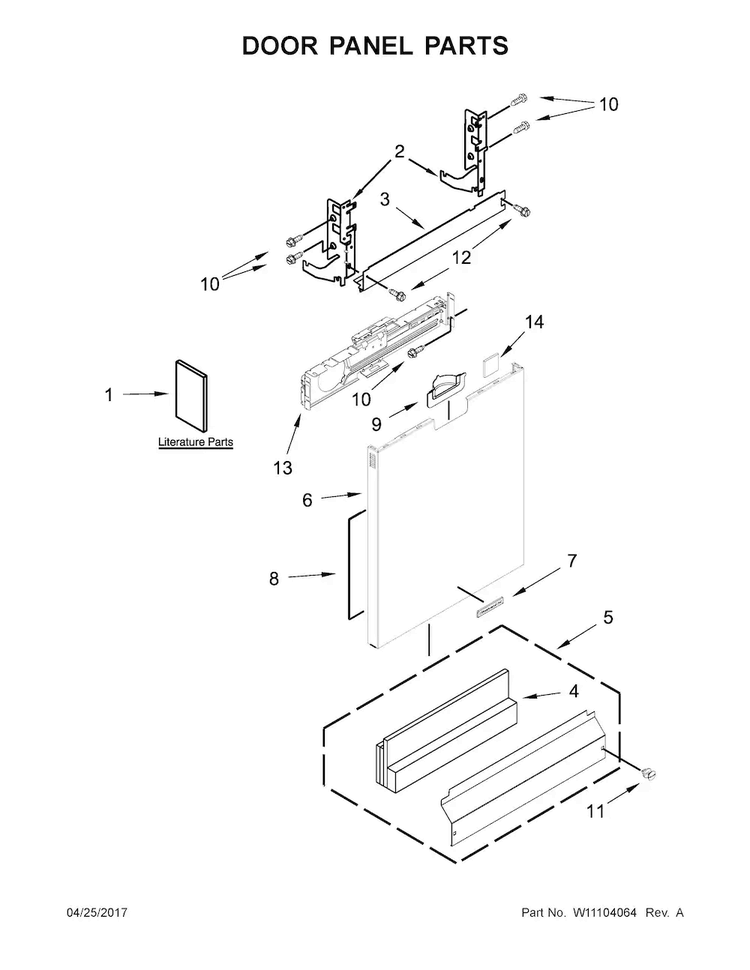 Door And Panel Parts Diagram and Parts List for KDFE104DWH5  KitchenAid Dishwasher