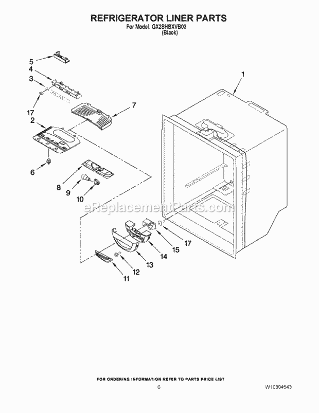 Refrigerator Liner Parts Diagram and Parts List for W10304543A  Whirlpool Refrigerator