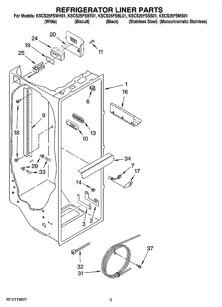 REFRIGERATOR LINER PARTS Diagram and Parts List for KSCS25FSMS01  KitchenAid Refrigerator
