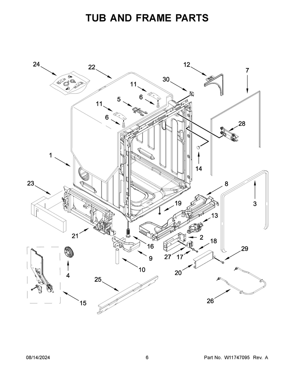 04 - Tub And Frame Parts Diagram and Parts List for JDPSS244PM1  Whirlpool Dishwasher