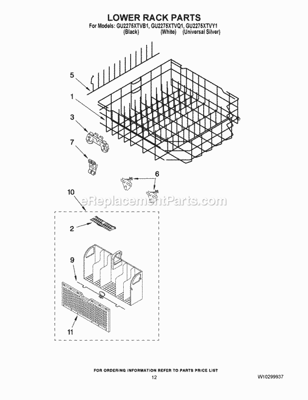 LOWER RACK PARTS Diagram and Parts List for GU2275XTVY1  Whirlpool Dishwasher