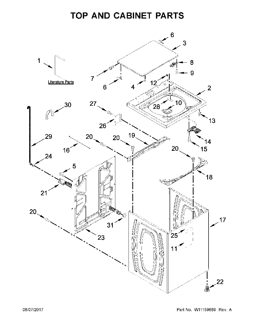 Top and cabinet parts Diagram and Parts List for 11022352511  Kenmore Washer