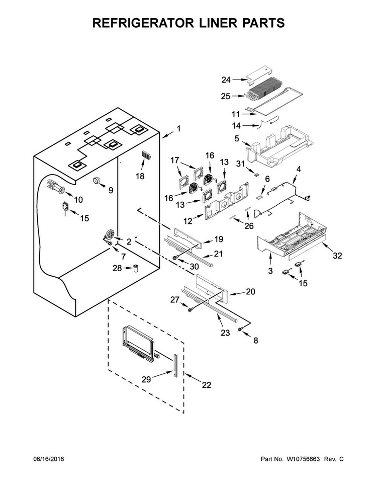 Refrigerator Liner Parts Diagram and Parts List for KBFN506EPA00  KitchenAid Refrigerator