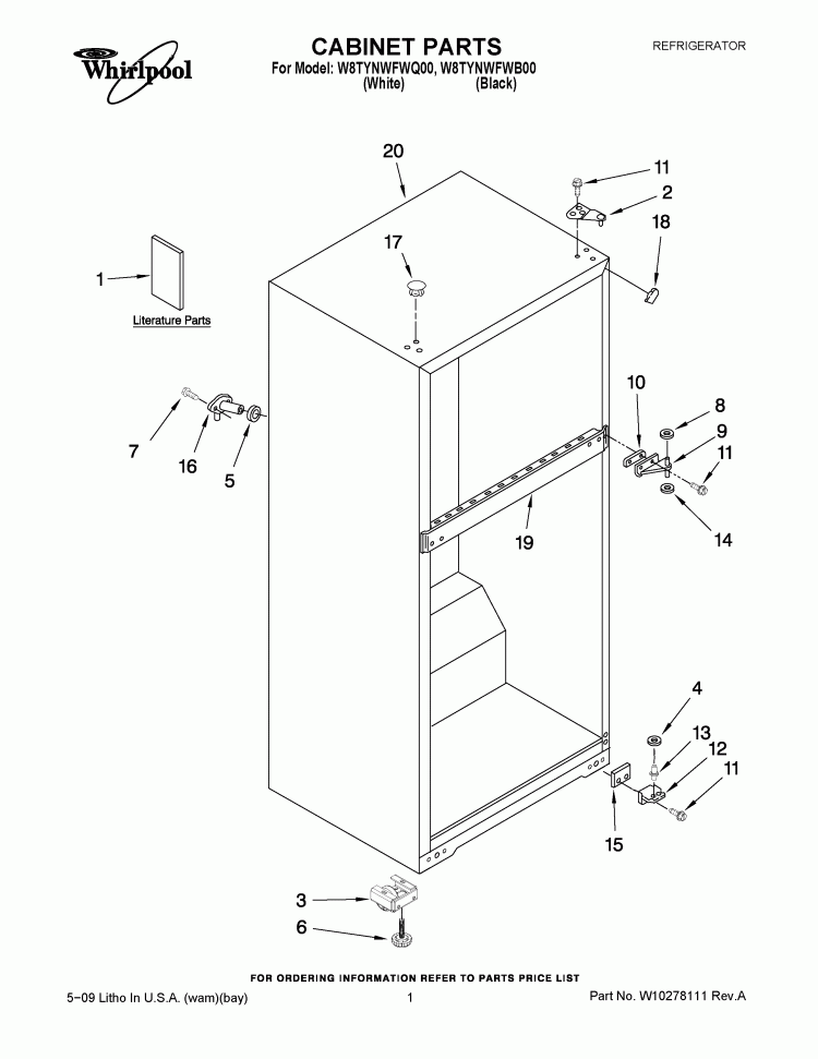 CABINET PARTS Diagram and Parts List for W8TYNWFWB00  Whirlpool Refrigerator