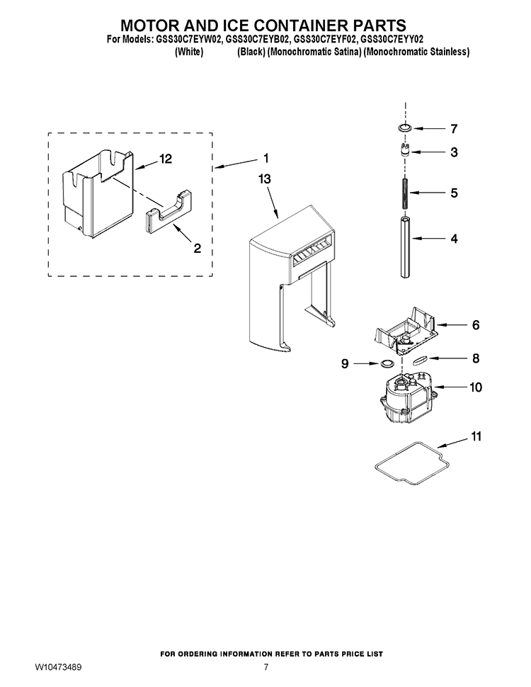 MOTOR AND ICE CONTAINER PARTS Diagram and Parts List for GSS30C7EYF02  Whirlpool Refrigerator