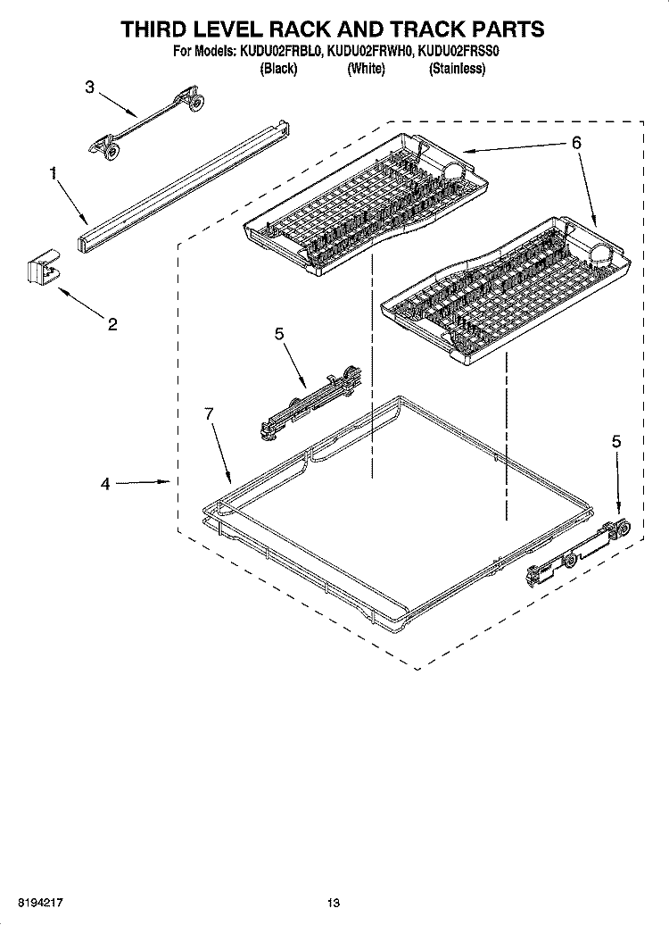 THIRD LEVEL RACK AND TRACK PARTS Diagram and Parts List for KUDU02FRWH0  KitchenAid Dishwasher