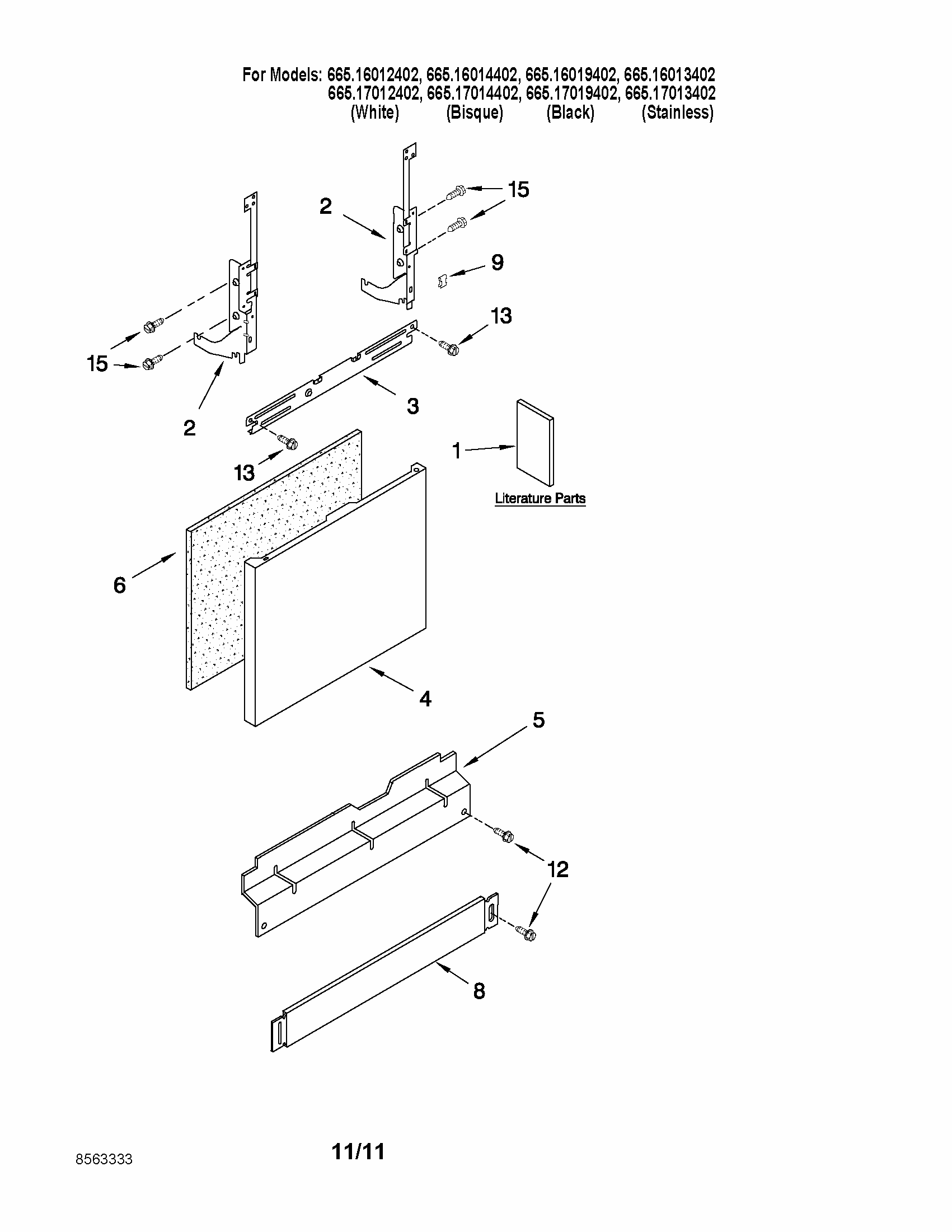 Door And Panel Parts Diagram and Parts List for 66516012402  Kenmore Dishwasher