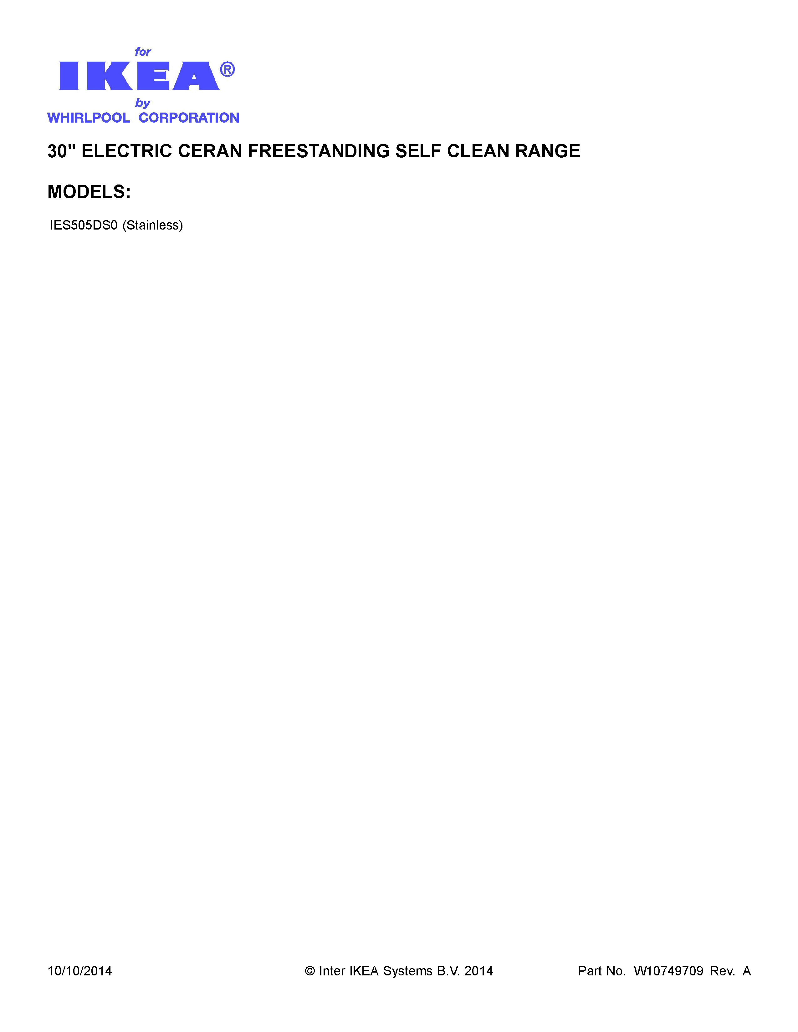 Cover Sheet Diagram and Parts List for IES505DS0  Whirlpool Range