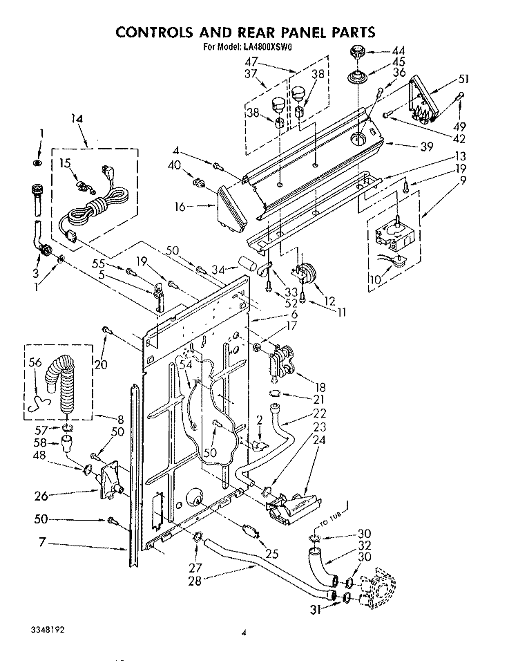 CONTROLS AND REAR PANEL Diagram and Parts List for LA4800XSW0  Whirlpool Washer