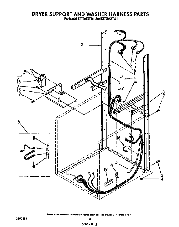 Dryer Support And Washer Harness Diagram and Parts List for LT5004XTW1  Whirlpool Washer Dryer Combo