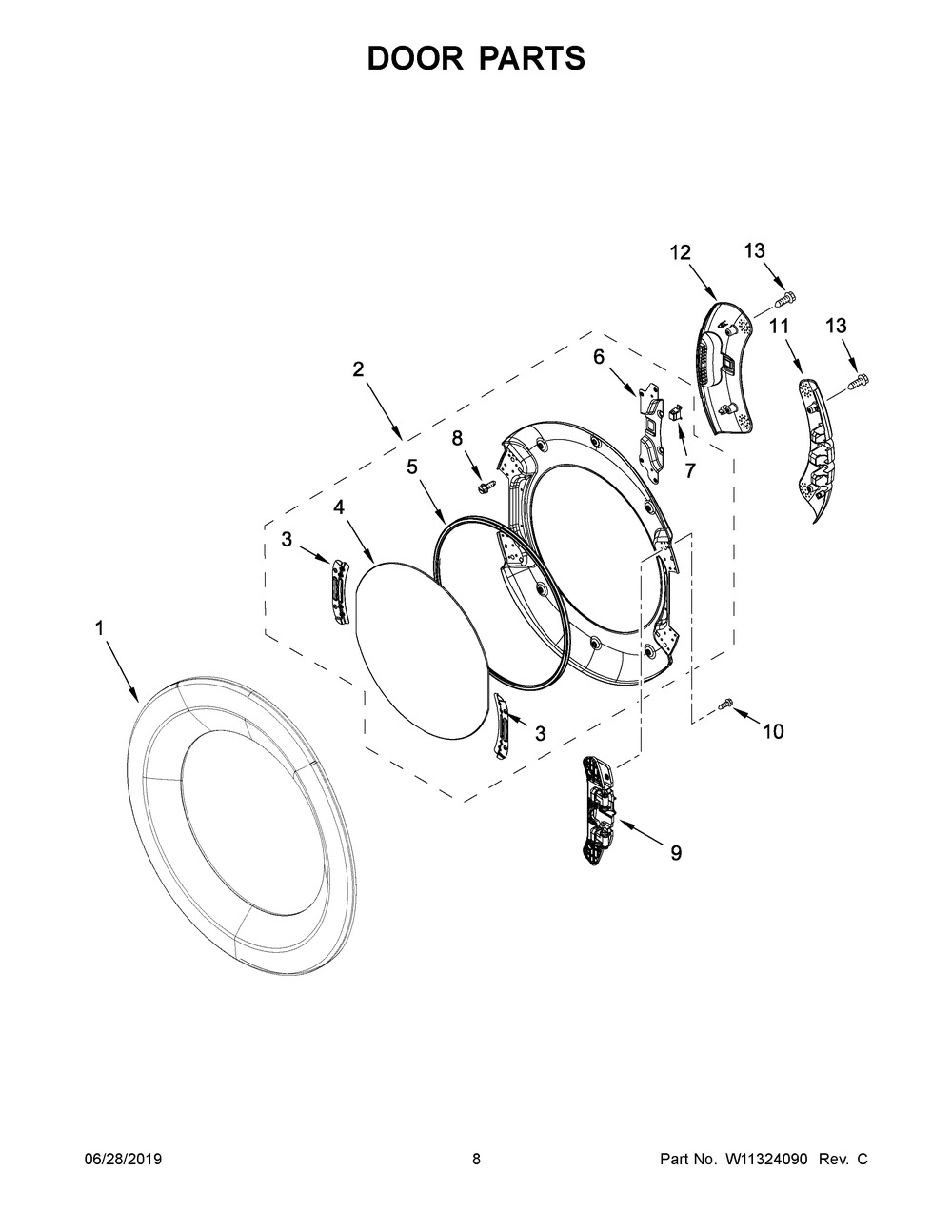 Door Parts Diagram and Parts List for WGD6620HC0  Whirlpool Dryer