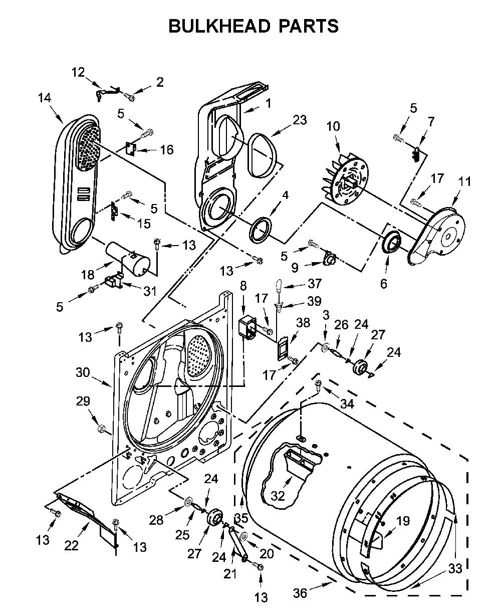 Bulkhead parts Diagram and Parts List for WGD4950HW1  Whirlpool Dryer