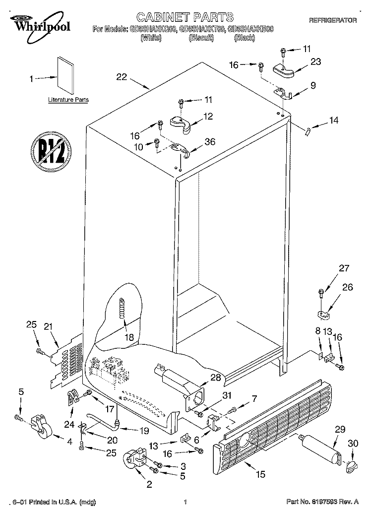 CABINET, LITERATURE Diagram and Parts List for GD5SHAXKQ00  Whirlpool Refrigerator