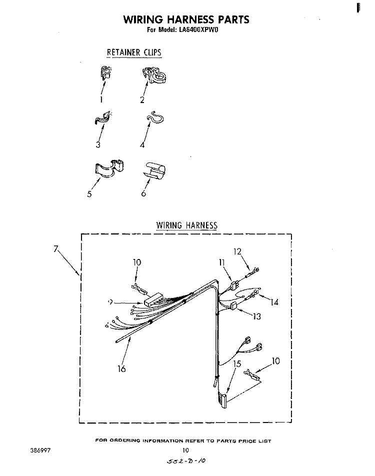 WIRING HARNESS Diagram and Parts List for LA6400XPW0  Whirlpool Washer