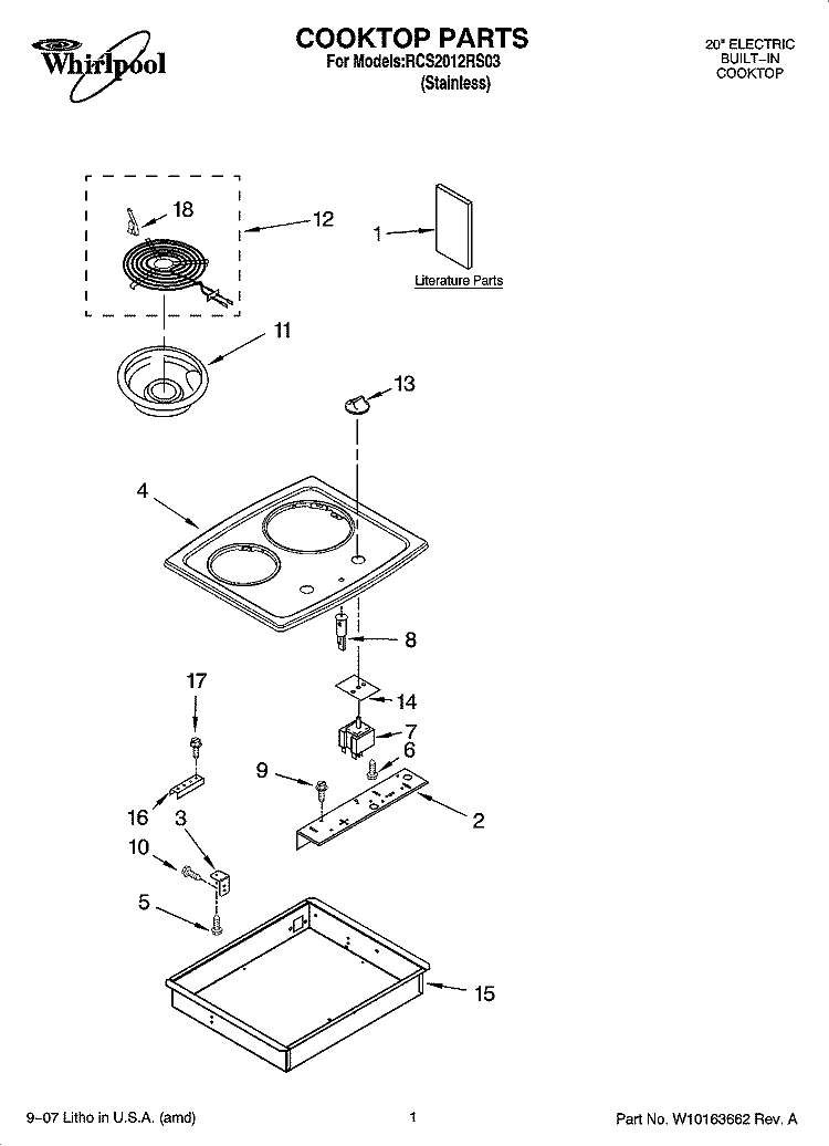 COOKTOP PARTS, OPTIONAL PARTS (NOT INCLUDED) Diagram and Parts List for RCS2012RS03  Whirlpool Cooktop