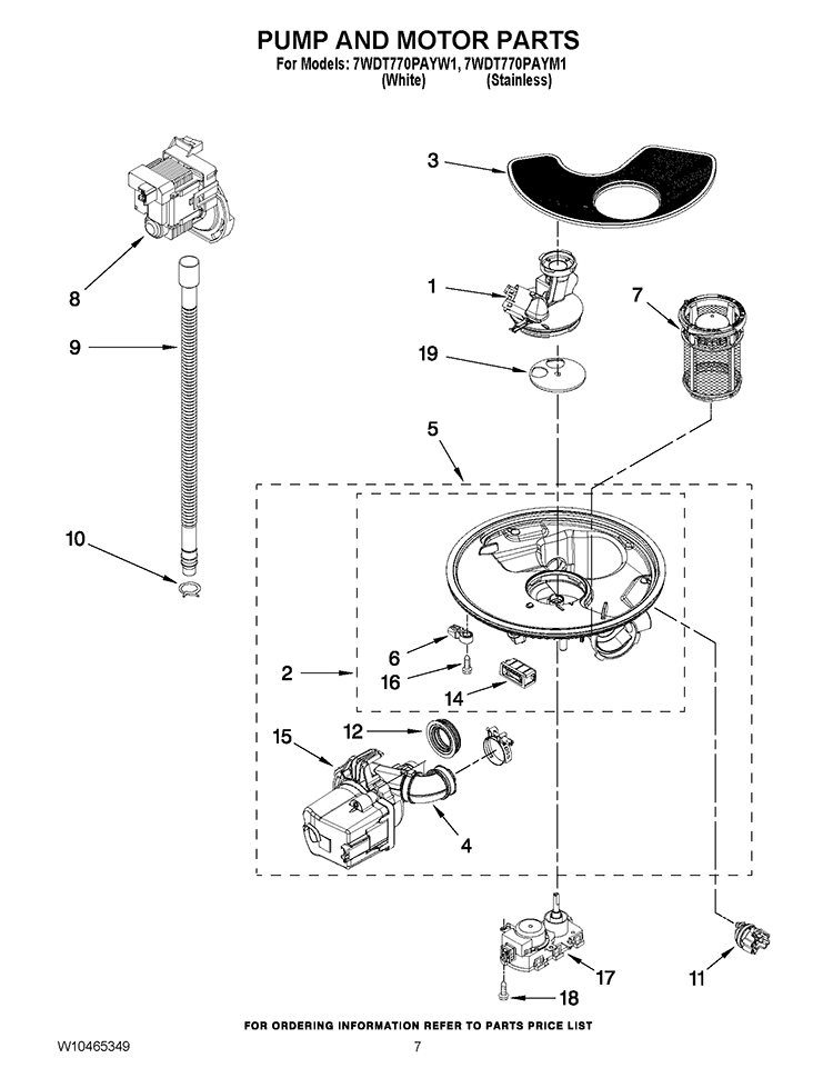 PUMP AND MOTOR PARTS Diagram and Parts List for 7WDT770PAYM1  Whirlpool Dishwasher