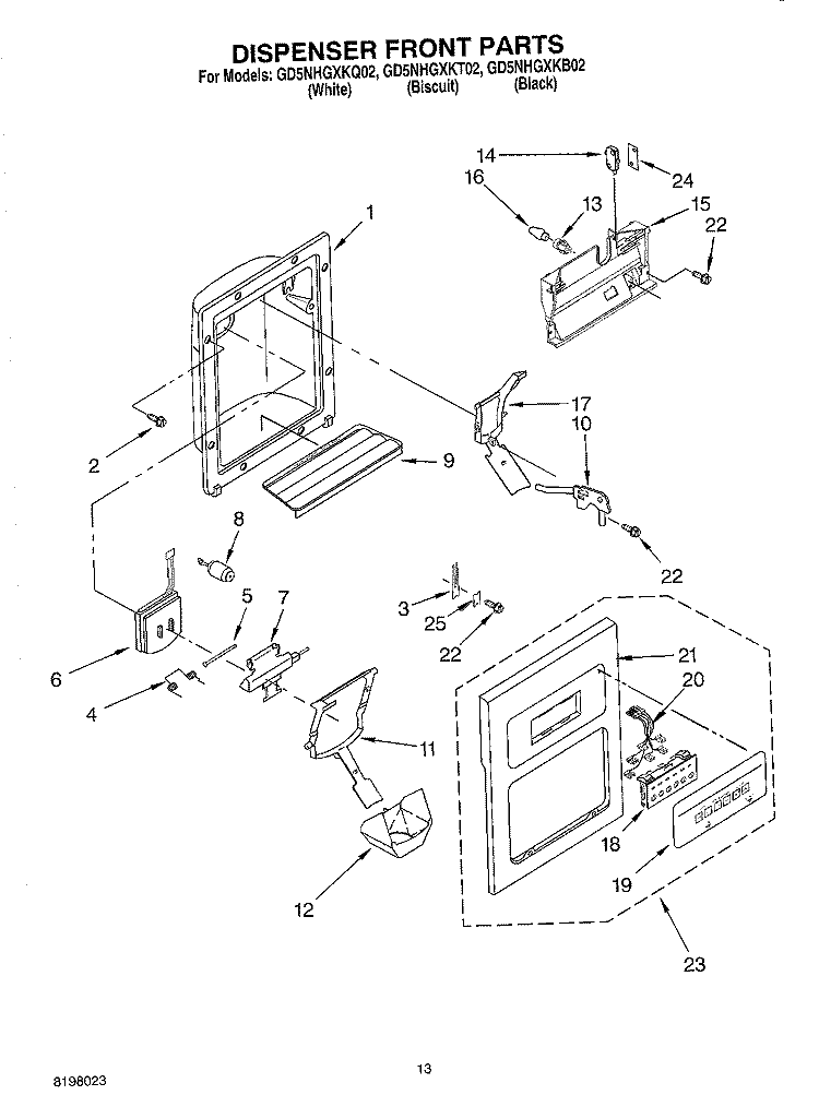 DISPENSER FRONT Diagram and Parts List for GD5NHGXKT02  Whirlpool Refrigerator