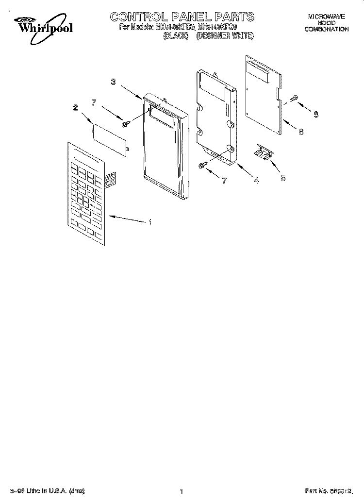 CONTROL PANEL, LITERATURE Diagram and Parts List for MH6140XFQ0  Whirlpool Microwave