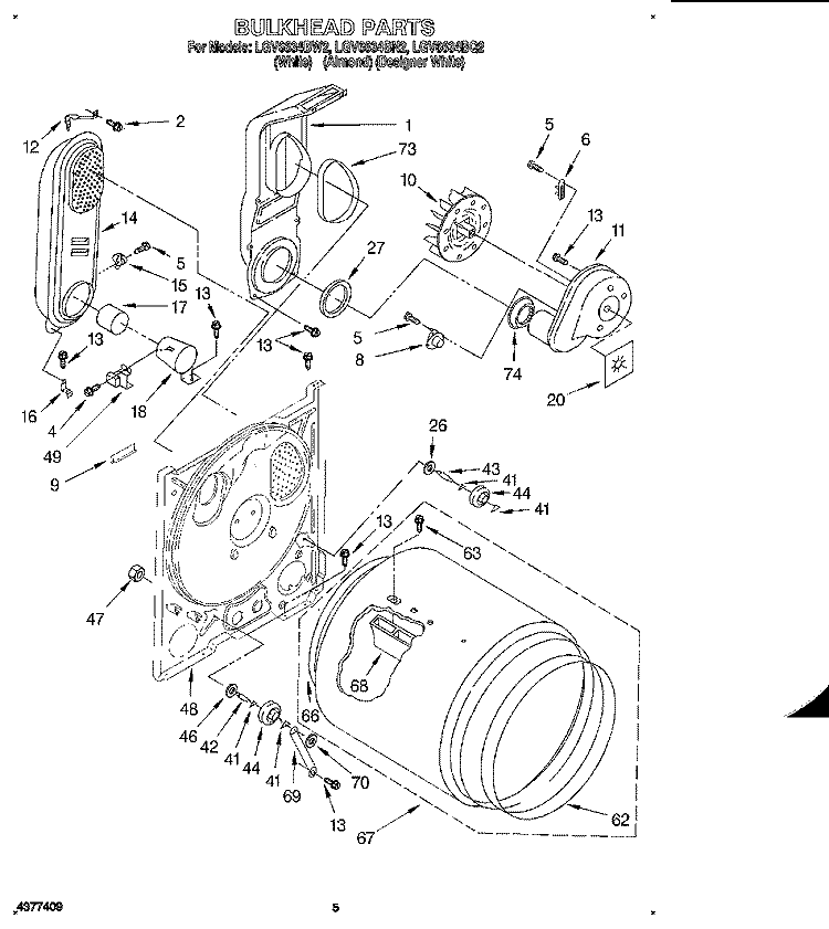 BULKHEAD Diagram and Parts List for LGV6634BW2  Whirlpool Dryer