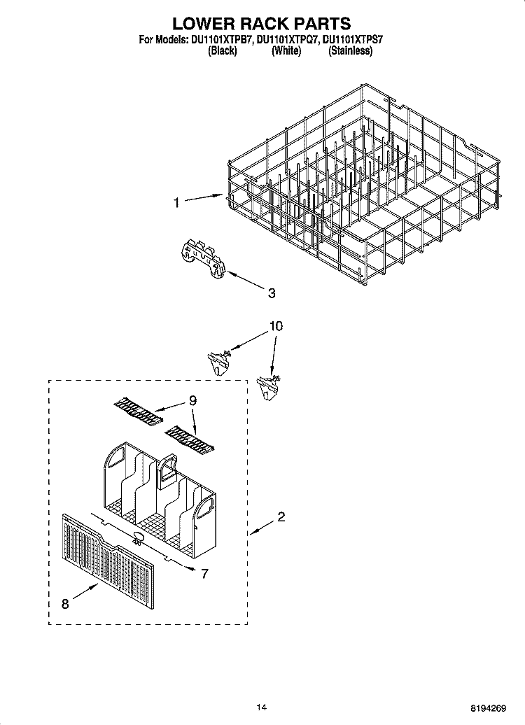 LOWER RACK PARTS, OPTIONAL PARTS (NOT INCLUDED) Diagram and Parts List for DU1101XTPB7  Whirlpool Dishwasher