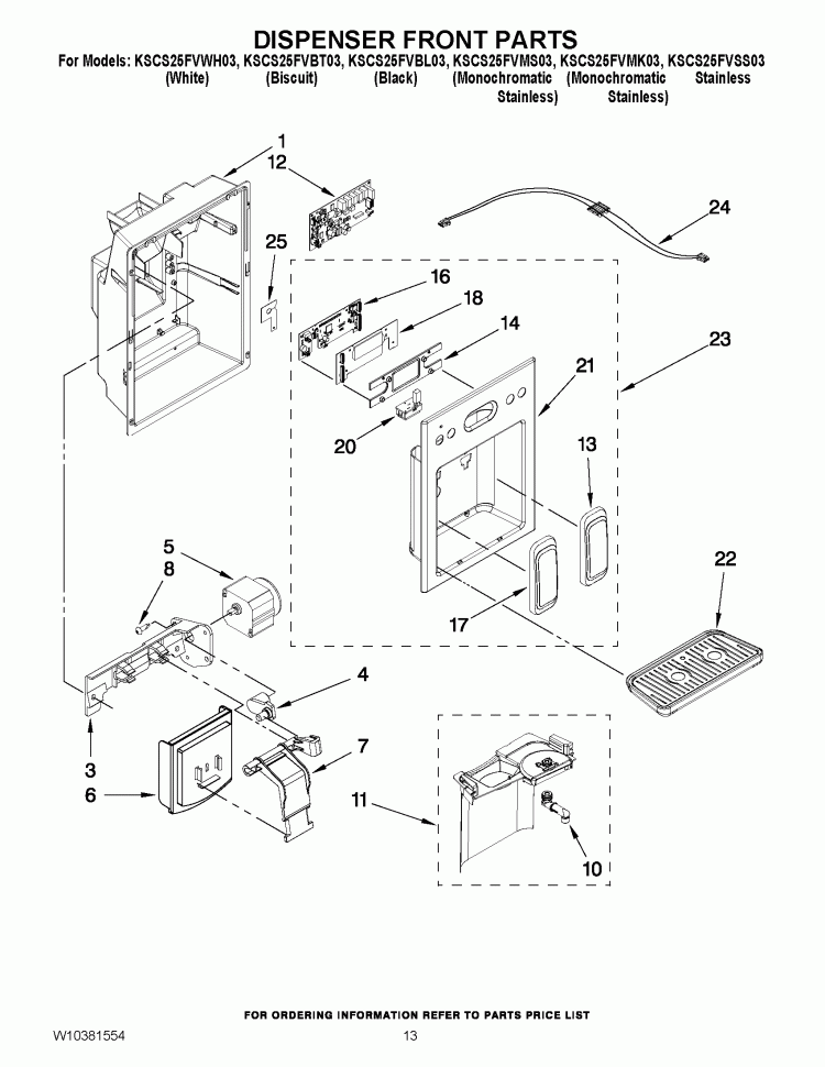 DISPENSER FRONT PARTS Diagram and Parts List for KSCS25FVBL03  KitchenAid Refrigerator