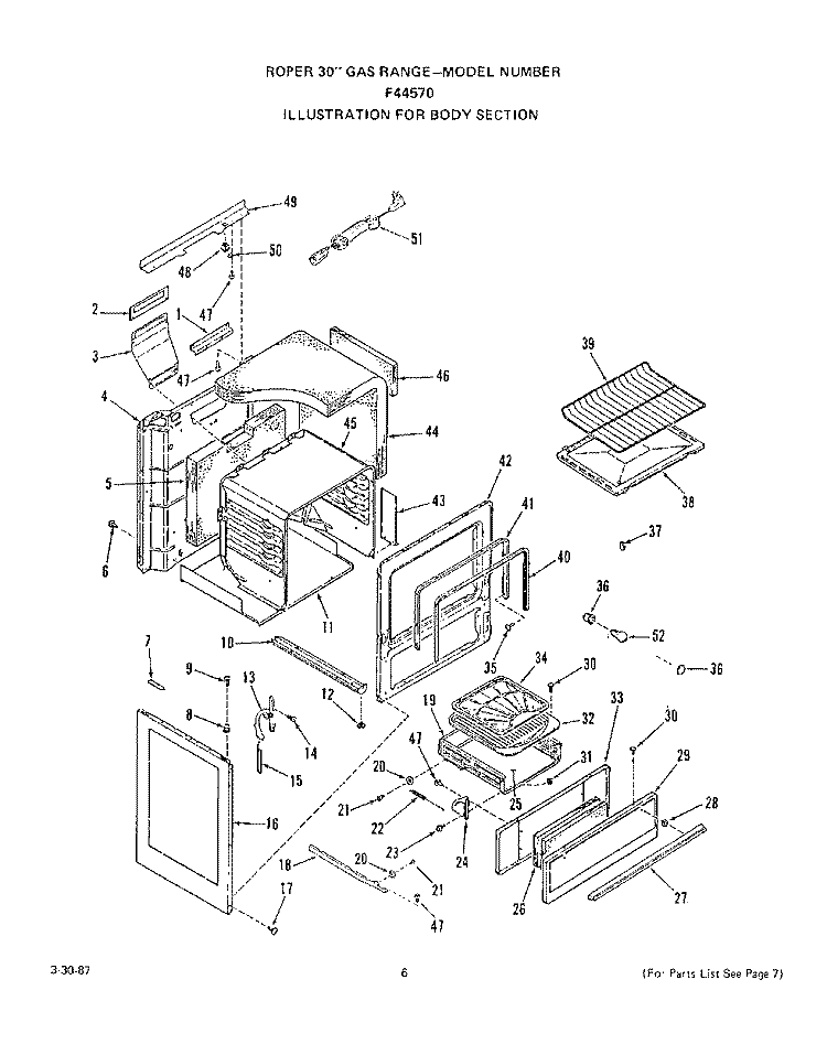 BODY Diagram and Parts List for F4457W0  Roper Range