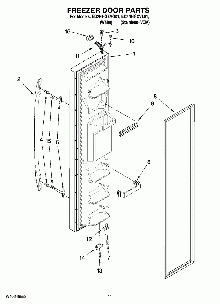 FREEZER DOOR PARTS Diagram and Parts List for ED2NHGXVL01  Whirlpool Refrigerator