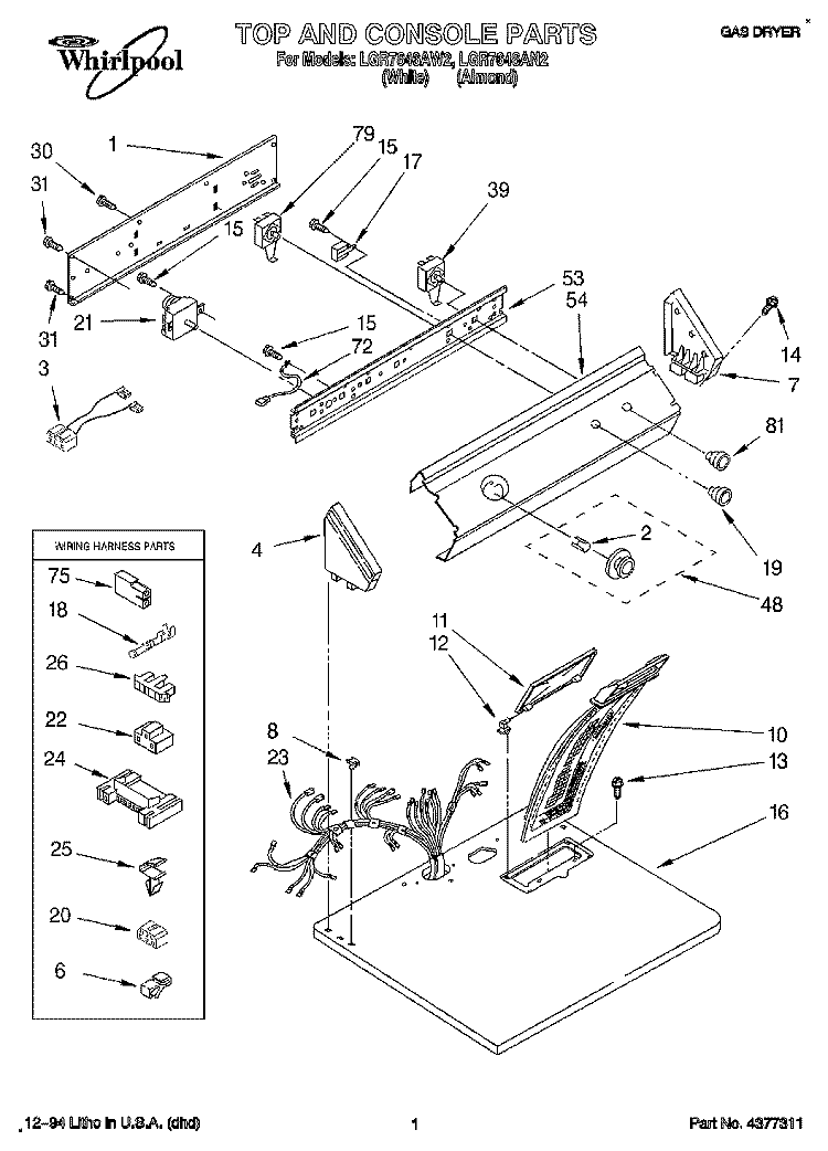 TOP AND CONSOLE, LIT/OPTIONAL Diagram and Parts List for LGR7646AN2  Whirlpool Dryer