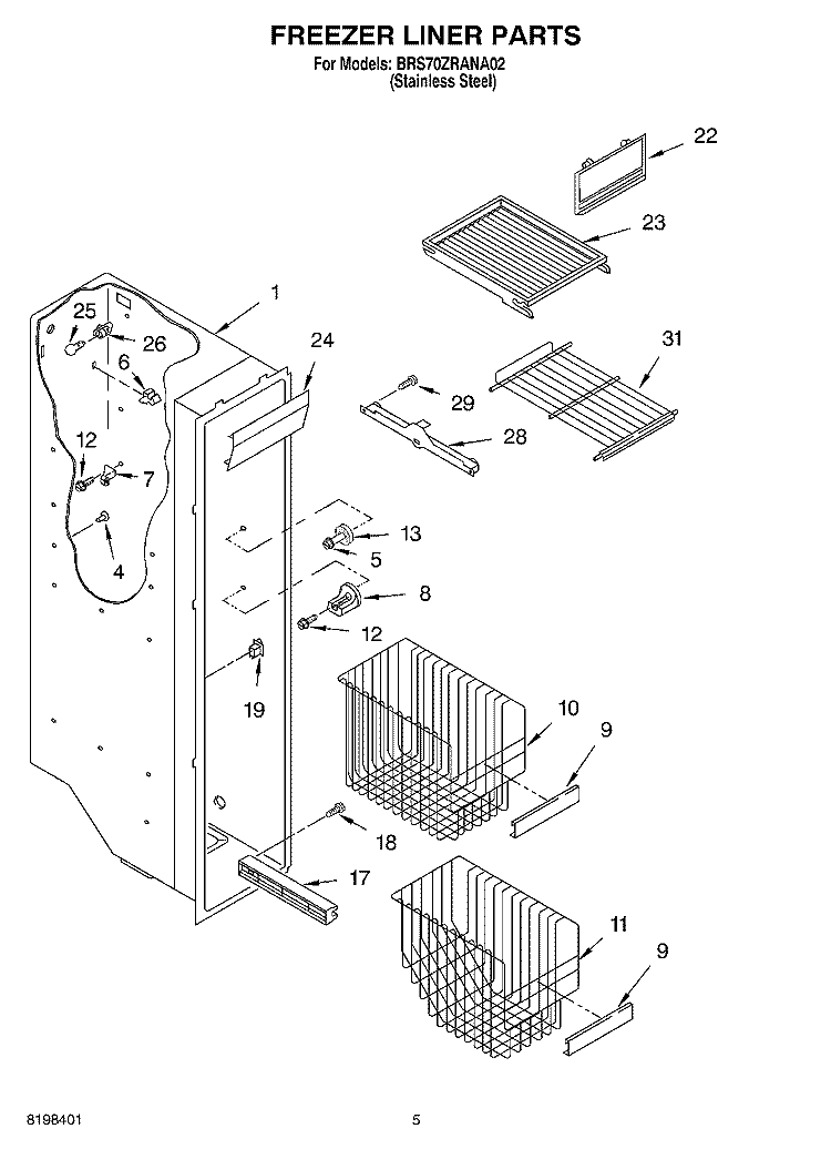 FREEZER LINER PARTS Diagram and Parts List for BRS70ZRANA02  Whirlpool Refrigerator