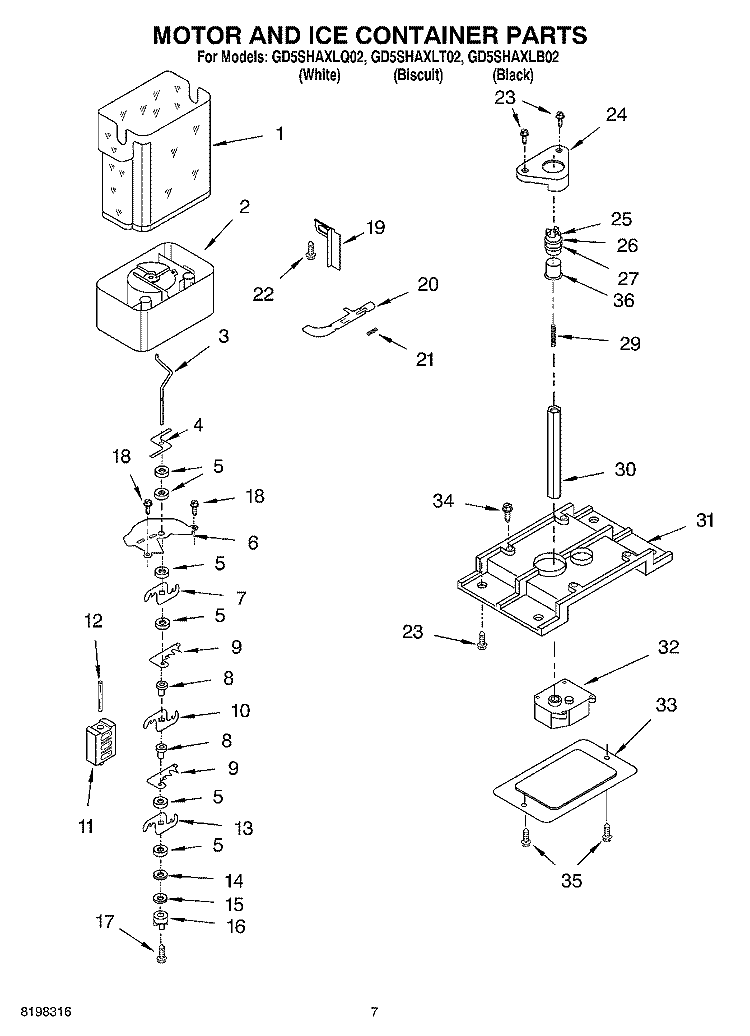 MOTOR AND ICE CONTAINER PARTS Diagram and Parts List for GD5SHAXLT02  Whirlpool Refrigerator