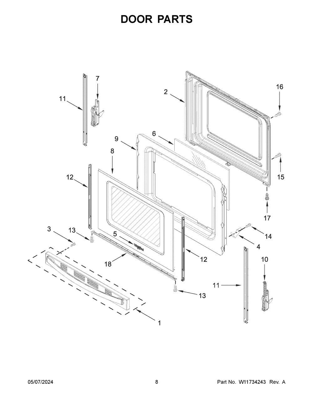 Door Parts Diagram and Parts List for WFC150M0JS4  Whirlpool Range