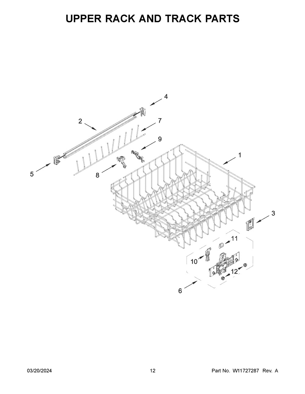 Upper Rack And Track Parts Diagram and Parts List for WDTA80SAKZ3  Whirlpool Dishwasher