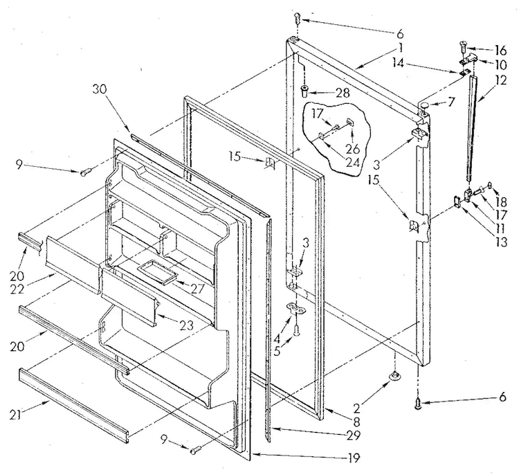 Refrigerator Door Diagram and Parts List for ET16AKXSF02  Whirlpool Refrigerator