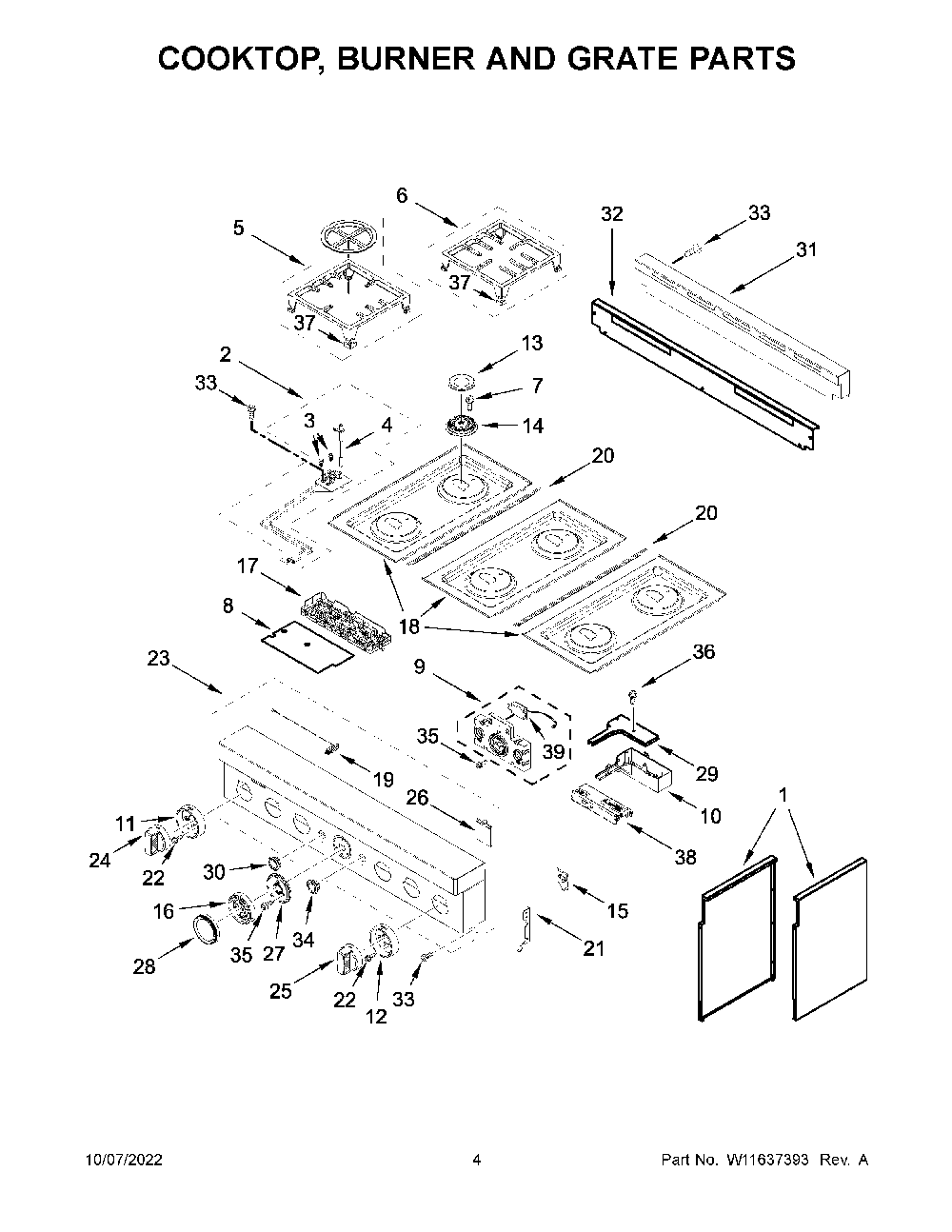 Cooktop, Burner And Grate Parts Diagram and Parts List for KFGC506JYP05  KitchenAid Range
