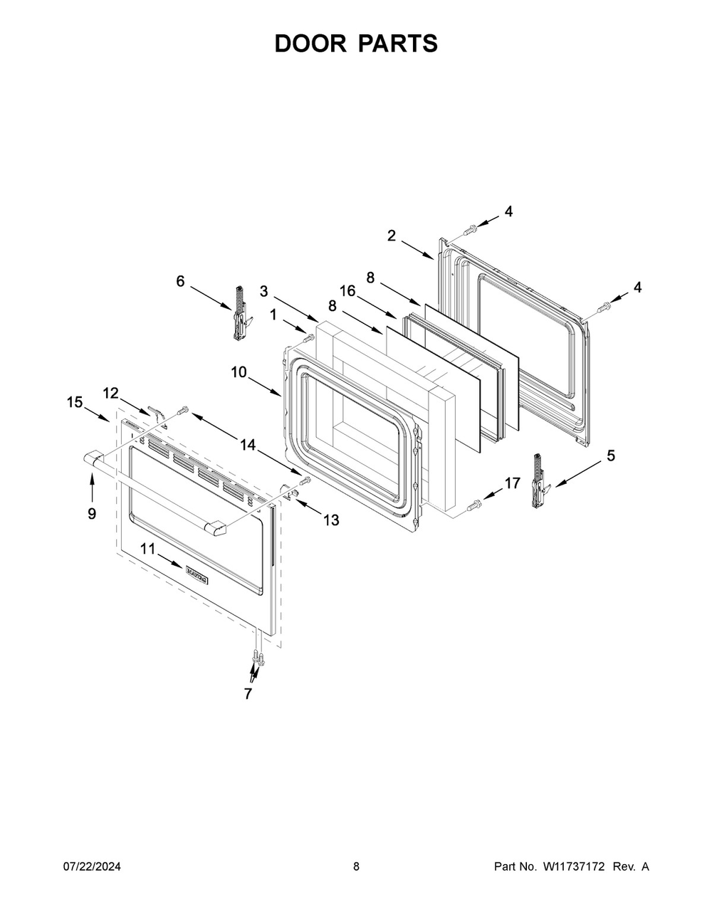 05 - Door Parts Diagram and Parts List for MFES6030RZ0  Whirlpool Range