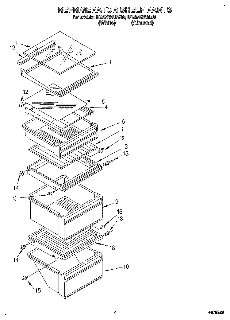 REFRIGERATOR SHELF Diagram and Parts List for RS25AWXBW00  Roper Refrigerator