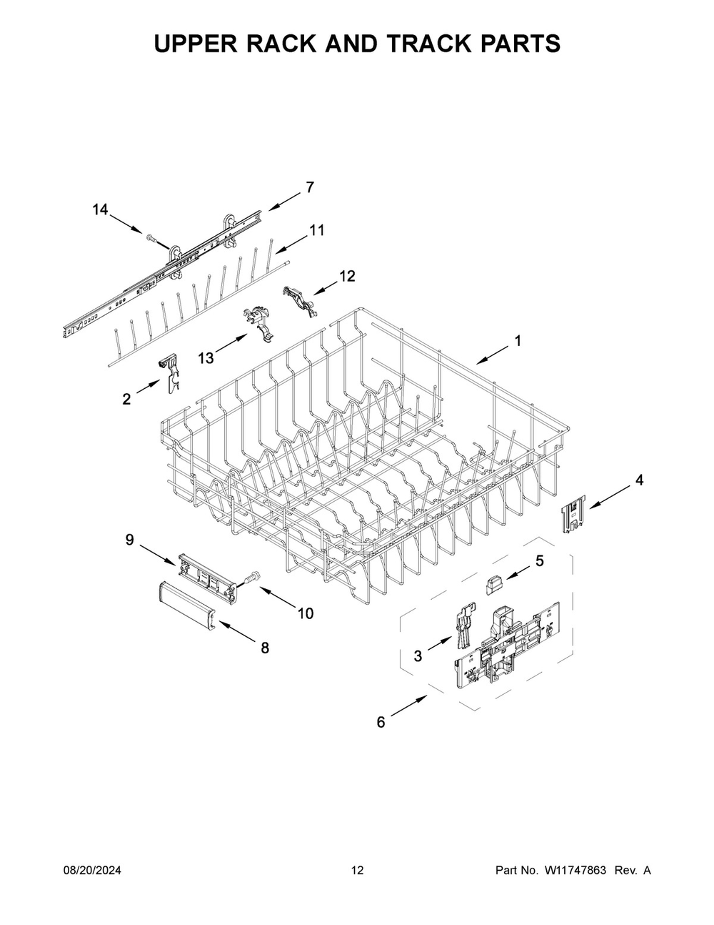 07 - Upper Rack And Track Parts Diagram and Parts List for KDTM704KPS3  Whirlpool Dishwasher