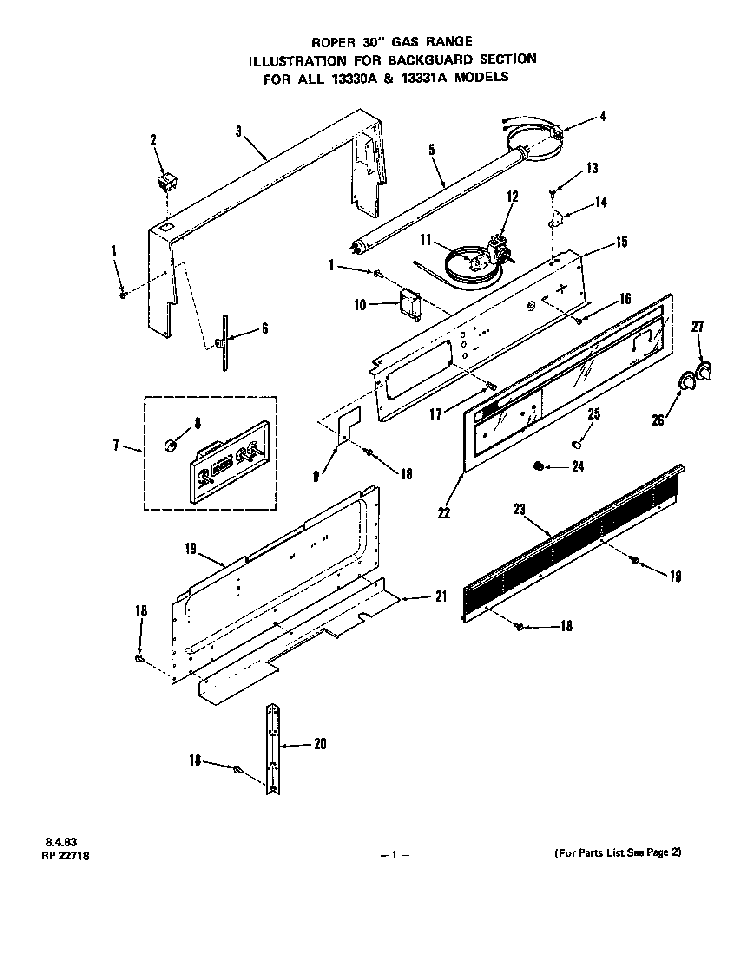 Backguard Diagram and Parts List for 1333*1A  Roper Range