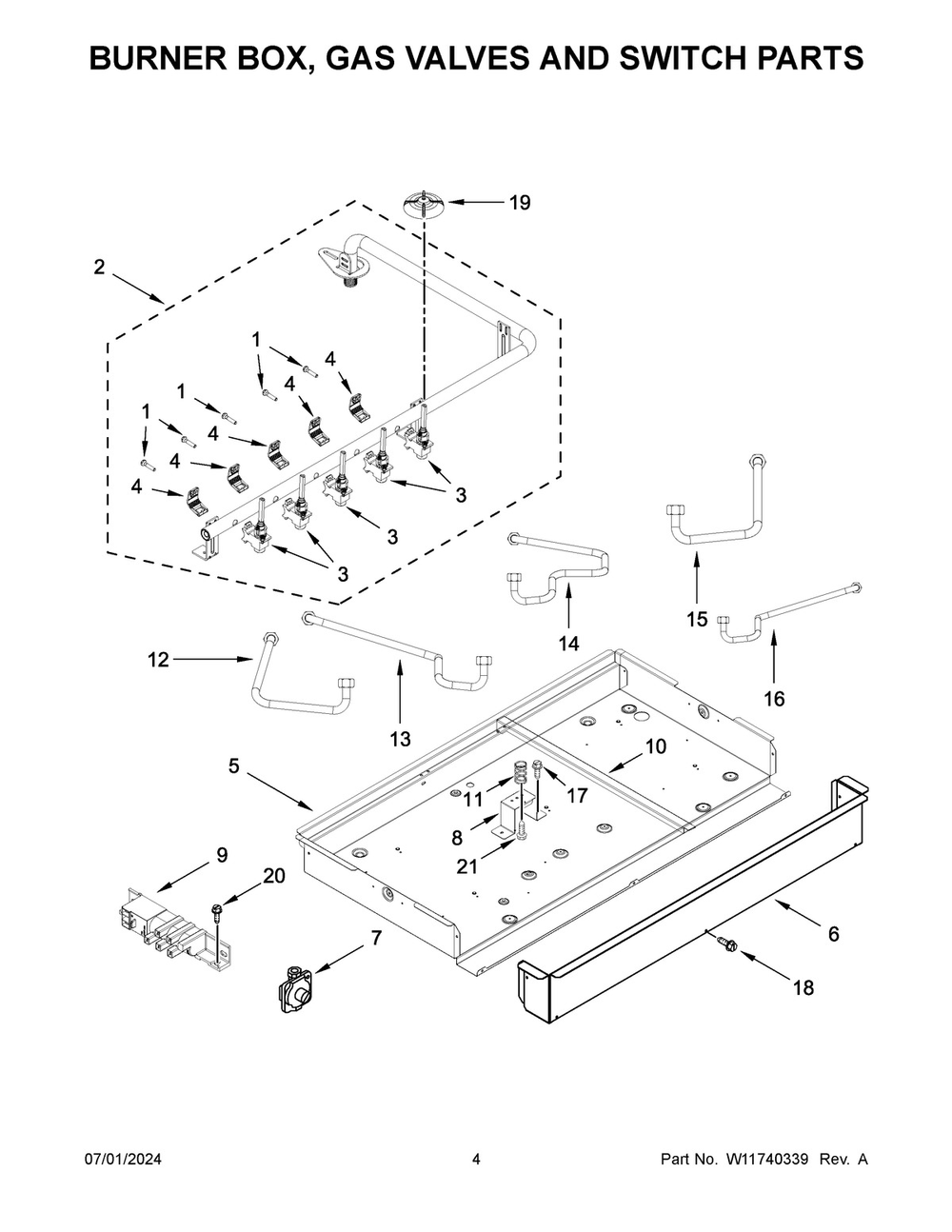 03 - Burner Box, Gas Valves And Switch Parts Diagram and Parts List for KCGG536PBL01  Whirlpool Cooktop