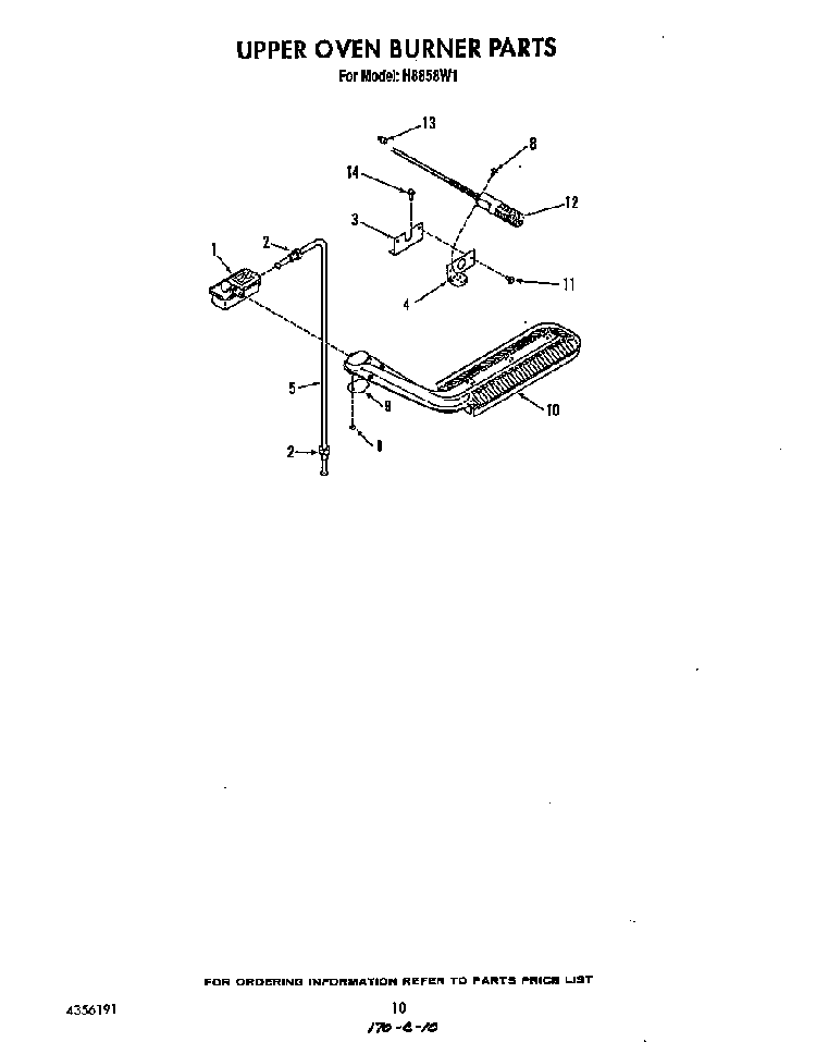 Upper Oven Burner Diagram and Parts List for H8858*1  Roper Range
