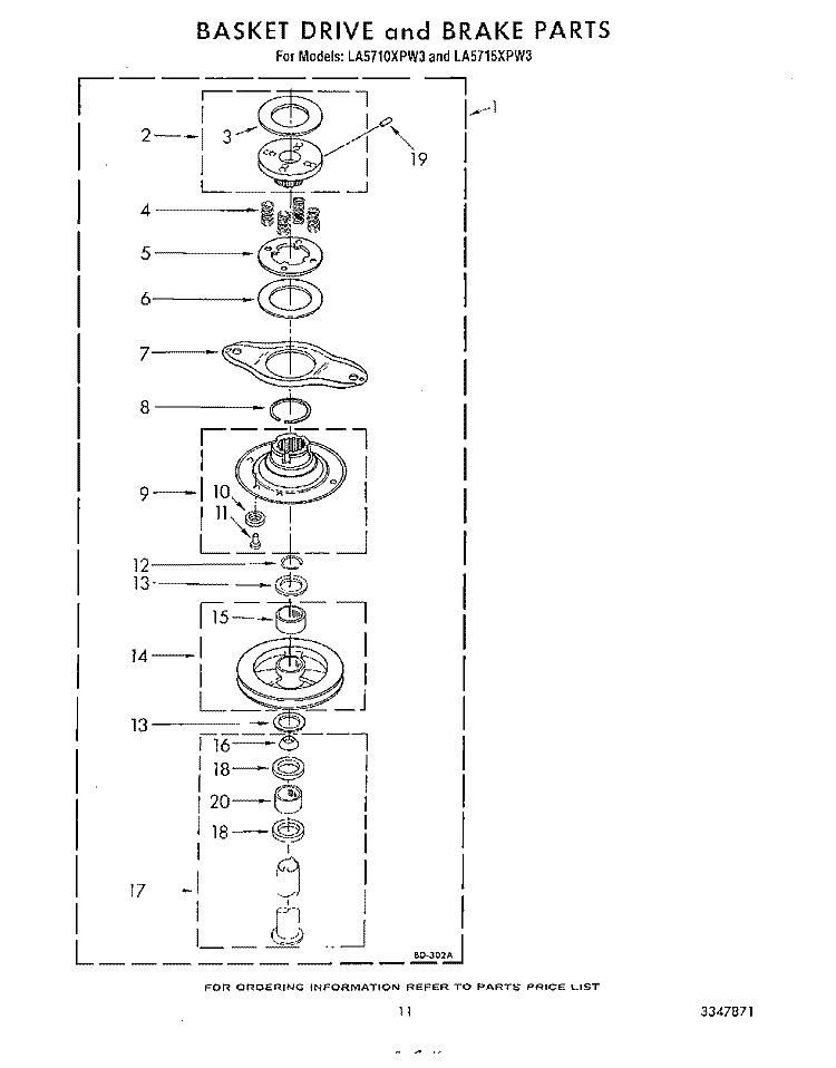 BASKET DRIVE AND BRAKE Diagram and Parts List for LA5715XPW3  Whirlpool Washer