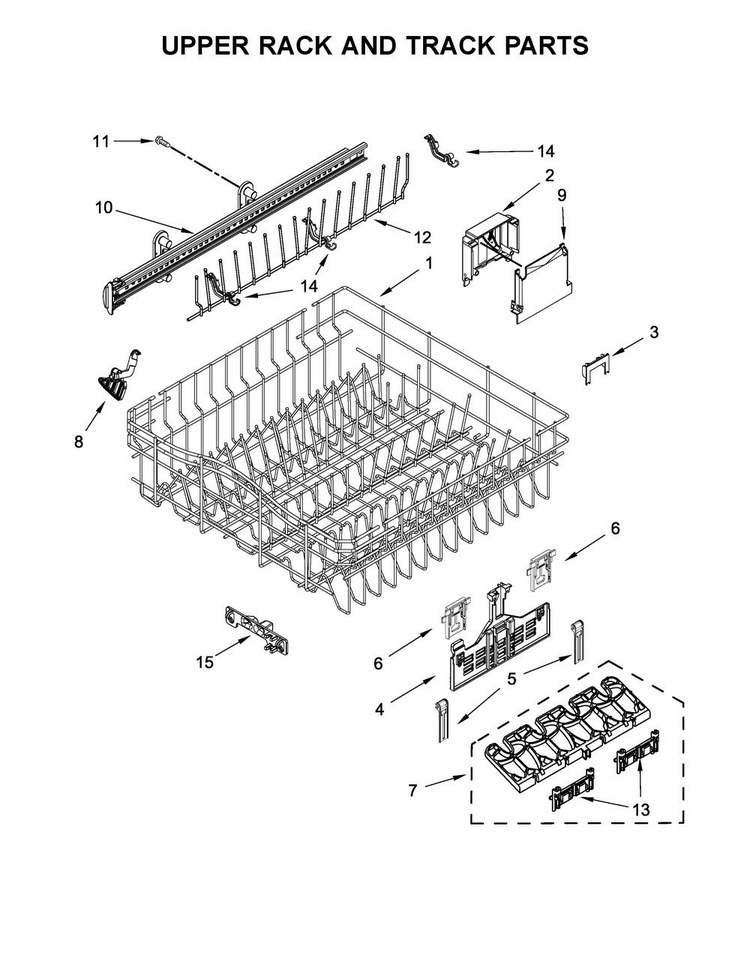 Upper Rack And Track Parts Diagram and Parts List for WDT995SAFM0  Whirlpool Dishwasher