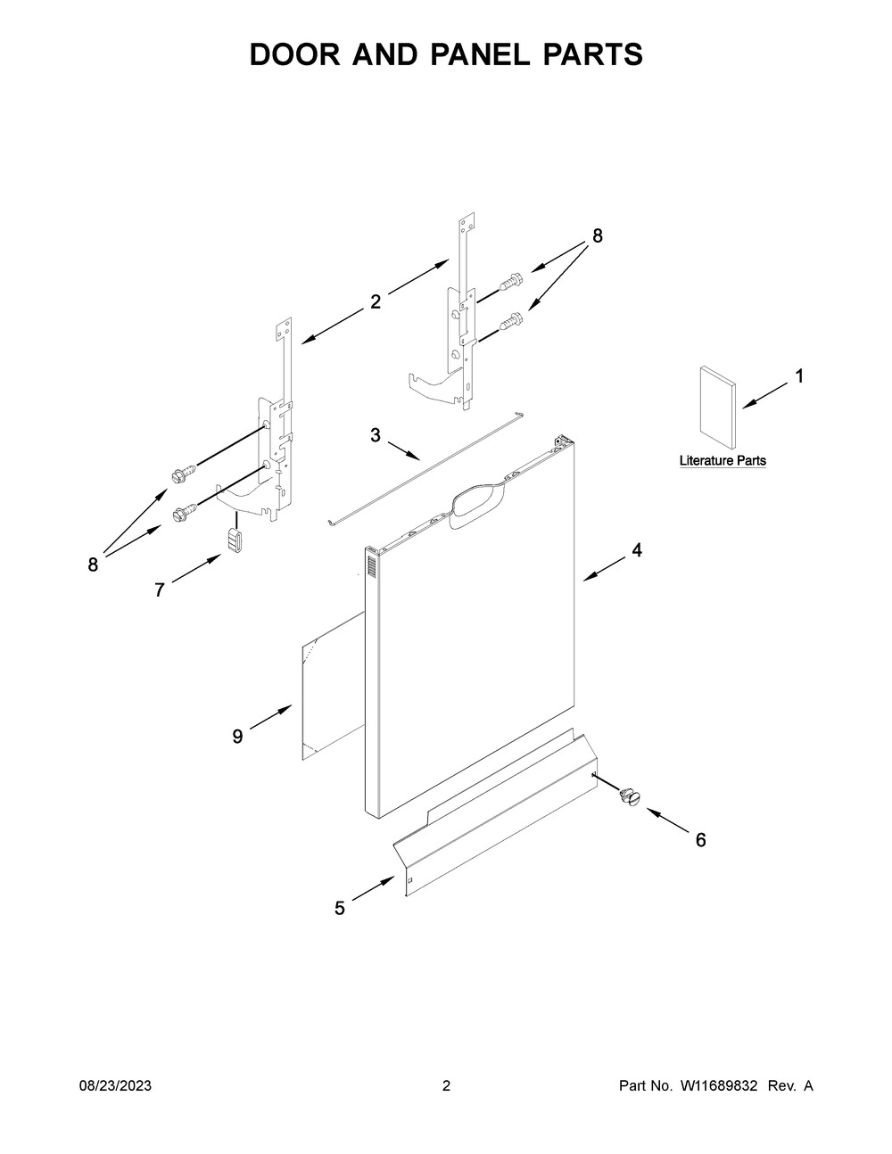 Door And Panel Parts Diagram and Parts List for WDF332PAMB0  Whirlpool Dishwasher