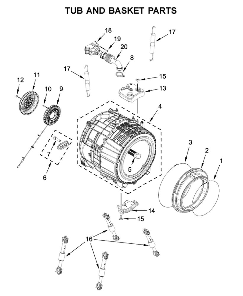 Tub And Basket Parts Diagram and Parts List for 8TWFW5620HW0  Whirlpool Washer
