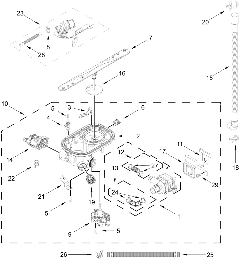 Pump, Washarm And Motor Parts Diagram and Parts List for WDTA50SAKZ4  Whirlpool Dishwasher