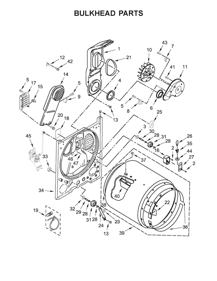 Bulkhead Parts Diagram and Parts List for WED7300DW1  Whirlpool Dryer