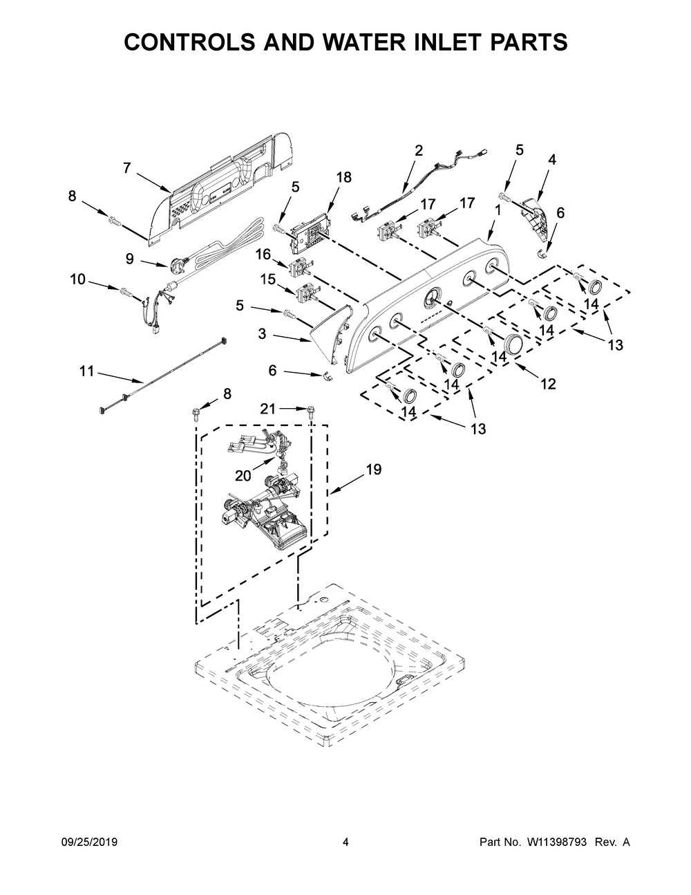 Controls And Water Inlet Parts Diagram and Parts List for 4KWTW5900JW0  Whirlpool Washer