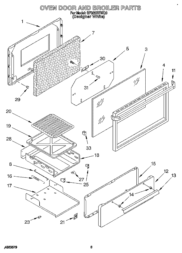 OVEN DOOR AND BROILER Diagram and Parts List for SF305BEWQ0  Whirlpool Range