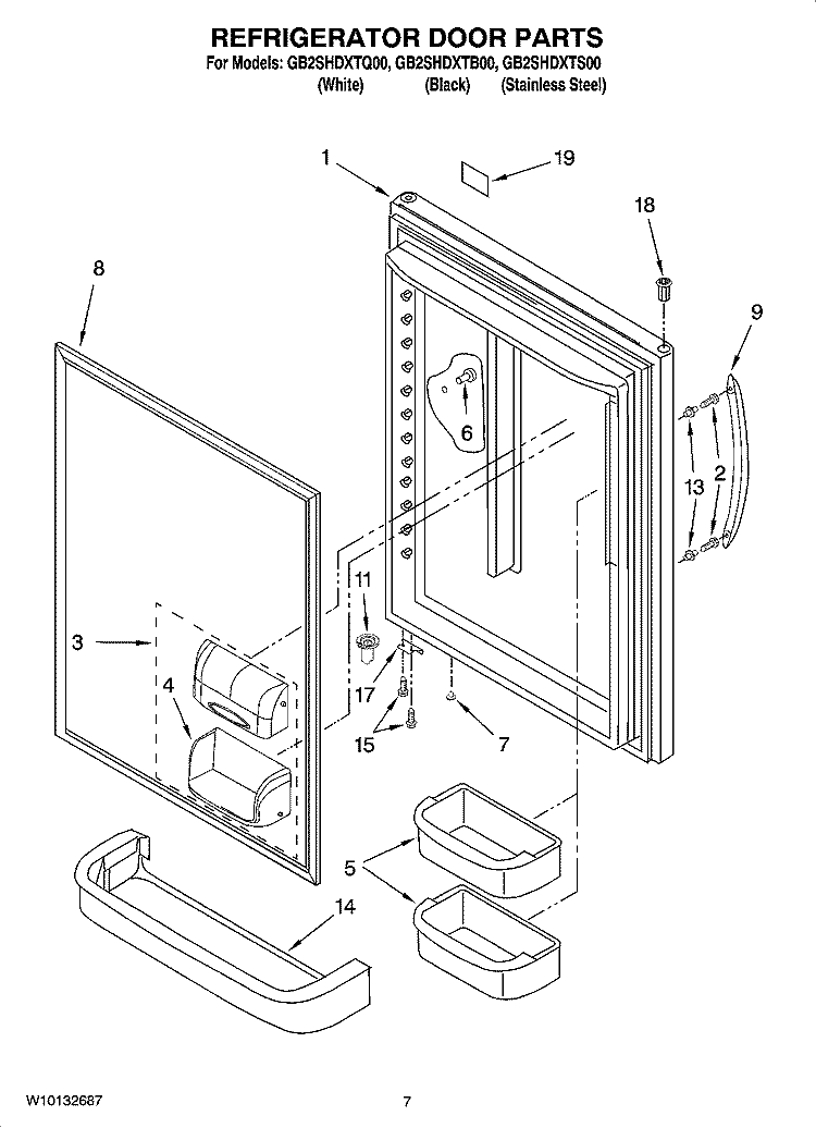 REFRIGERATOR DOOR PARTS Diagram and Parts List for GB2SHDXTQ00  Whirlpool Refrigerator